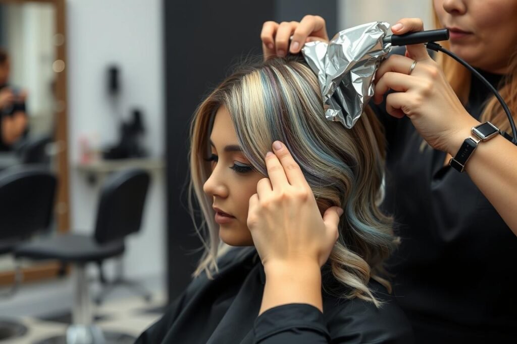 Stylist creating calico hair color using foil technique Stylist creating calico hair color using foil technique