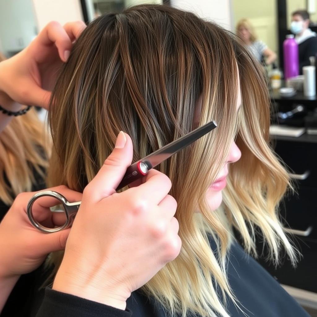 Stylist demonstrating techniques to reduce bulk in thick medium length hair
