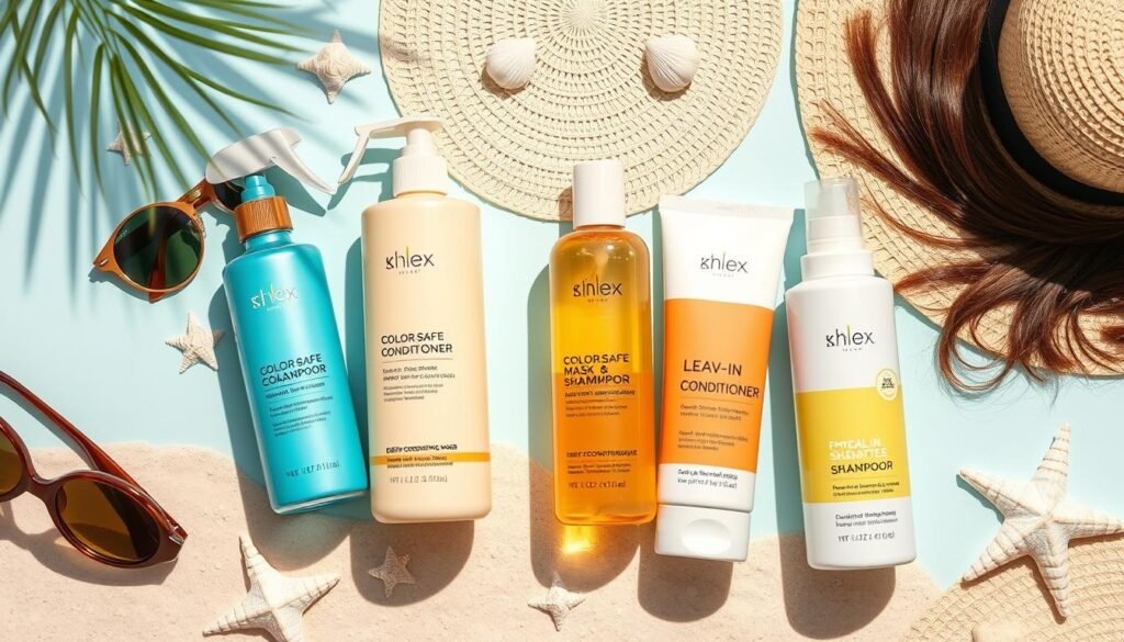 Summer hair care products for brunettes showing UV protection, color-safe shampoo, and deep conditioning masks