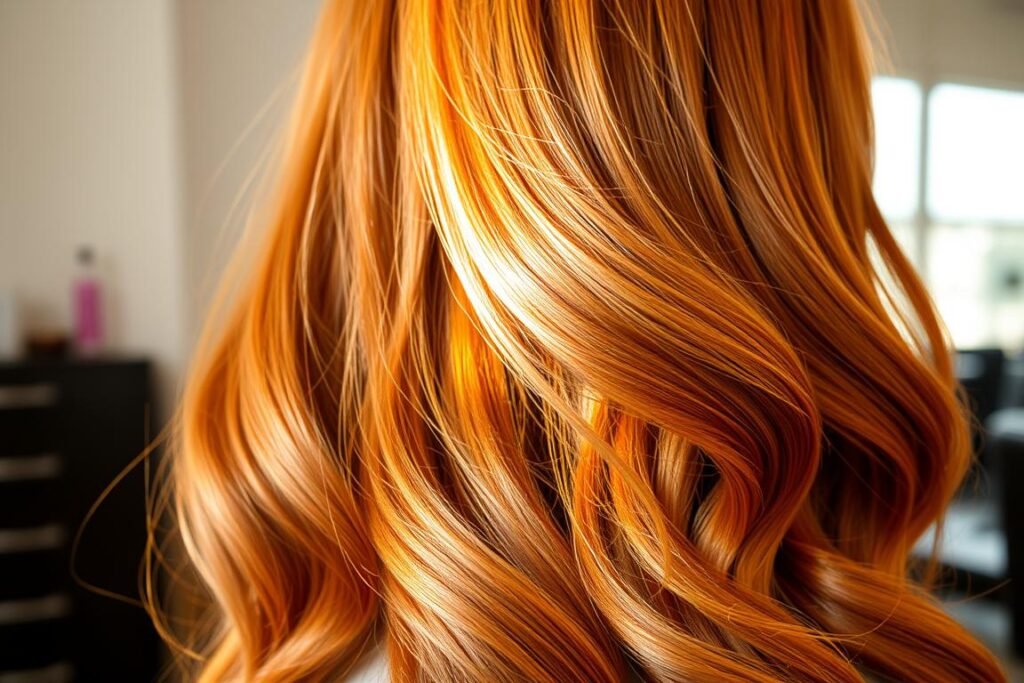Sunlit auburn locks with golden highlights
