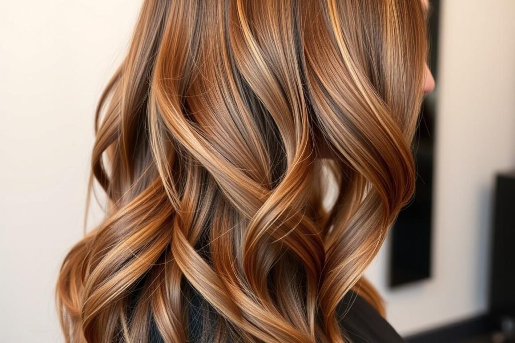 Tawny whiskey bronde mix with auburn base