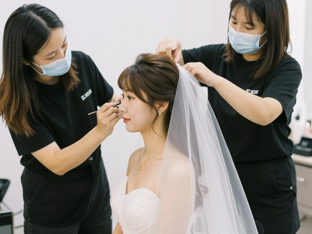 Testing veil placement with half up half down wedding hairstyle