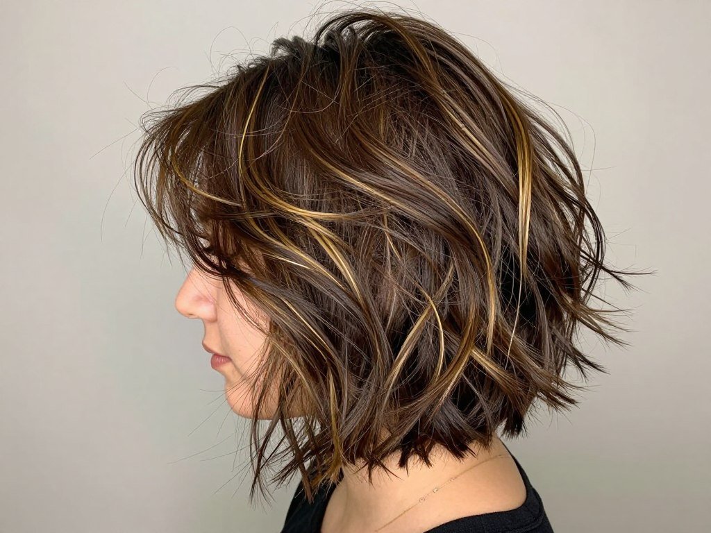 Textured brown bob with golden ribbon highlights Textured brown bob with golden ribbon highlights