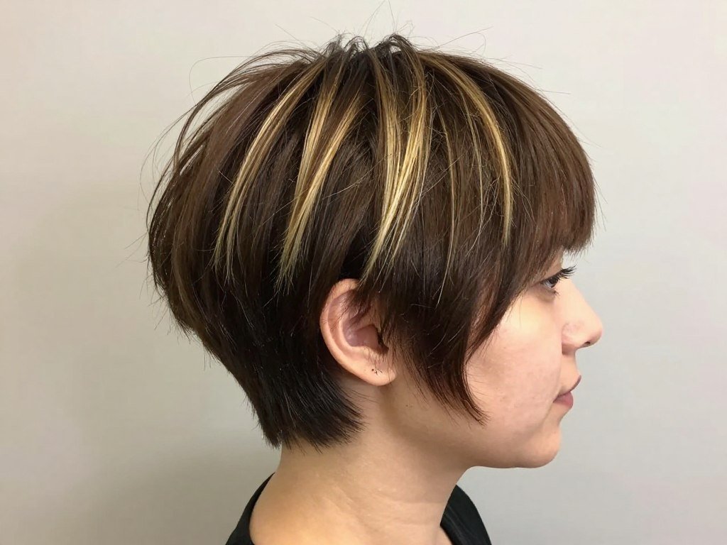Textured brown pixie cut with golden highlighted tips Textured brown pixie cut with golden highlighted tips