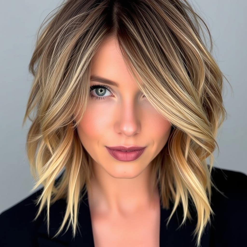 Textured lob with beachy waves and balayage highlights Textured lob with beachy waves and balayage highlights