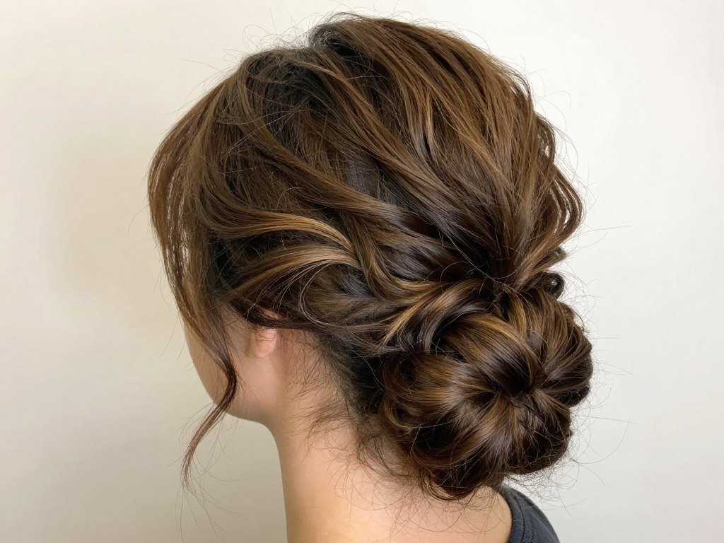Textured low bun showing dimension from brown hair with highlights Textured low bun showing dimension from brown hair with highlights