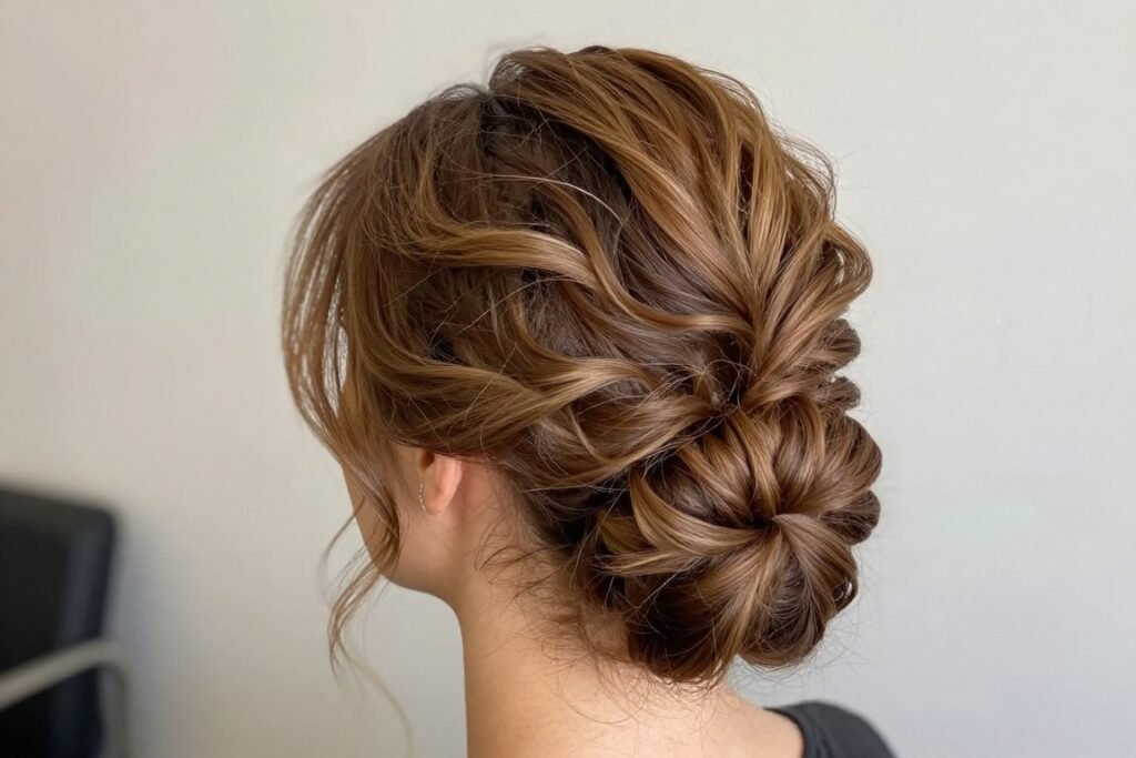 Textured updo showing caramel and brown dimension Textured updo showing caramel and brown dimension
