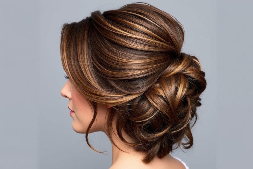 Textured updo with mushroom brown balayage showing dimensional color in an elegant style