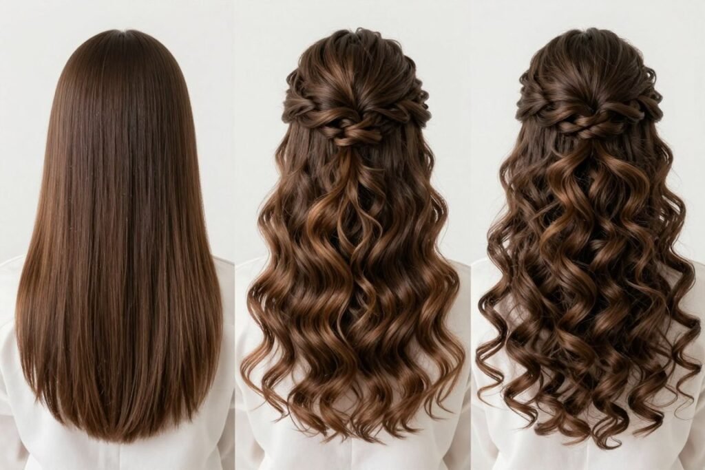 Three different hair textures styled in half up half down prom hairstyles