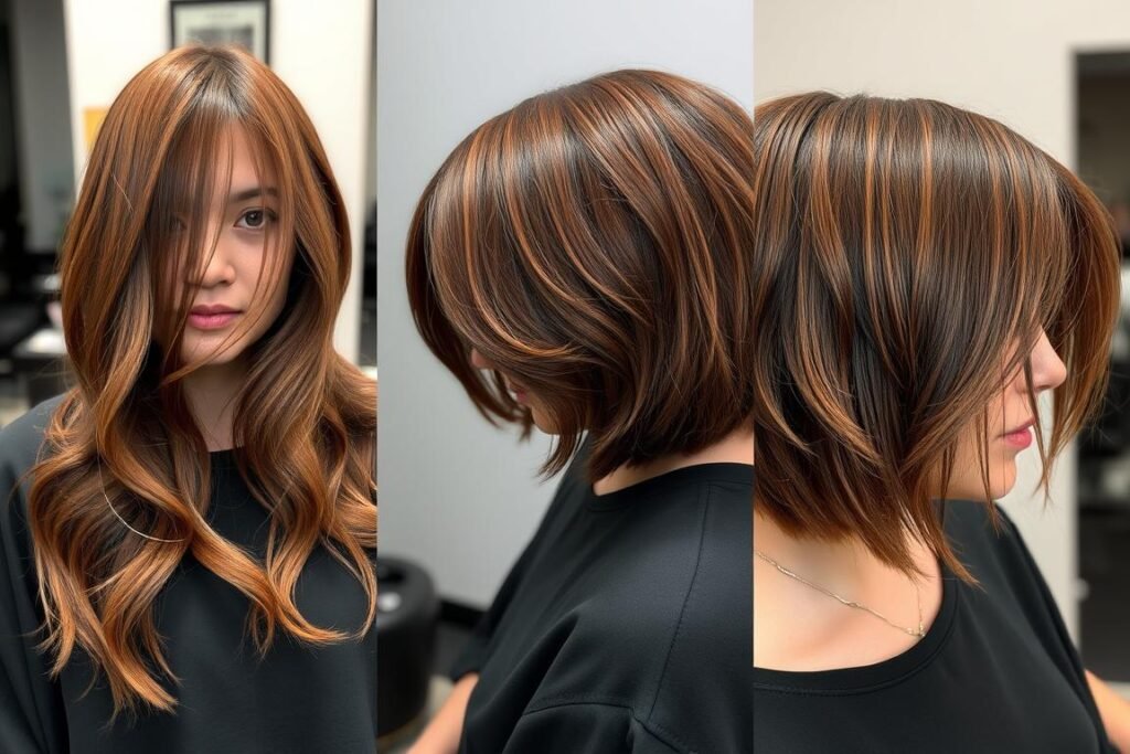 Three different haircuts featuring dark cowboy copper hair: long layers, mid-length bob, and shaggy cut Three different haircuts featuring dark cowboy copper hair: long layers, mid-length bob, and shaggy cut