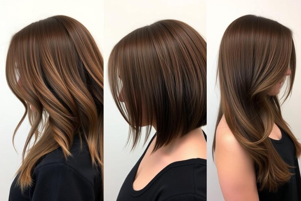 Three different haircuts showcasing mushroom brown hair color: layered, bob, and face-framing styles