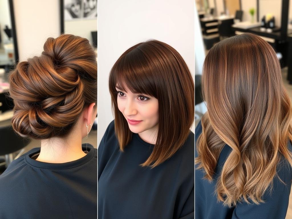 Three different hairstyles showcasing teddy bear brown hair color