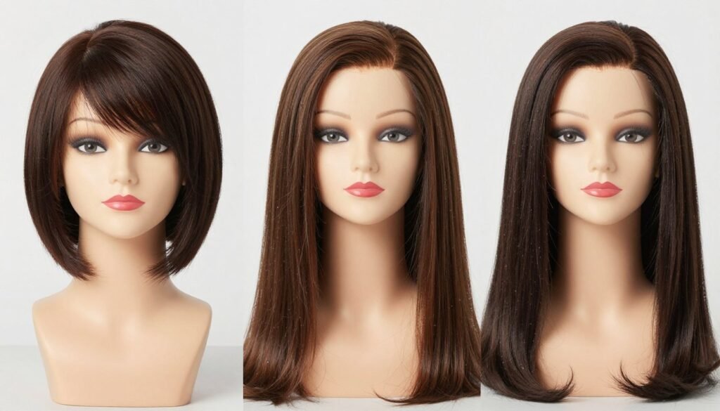 Three half up half down wigs of different lengths - short bob, medium, and long - displayed side by side