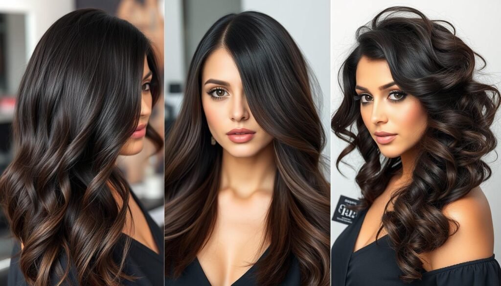 Three styling options for dark brunette hair: waves, straight, and curly Three styling options for dark brunette hair: waves, straight, and curly