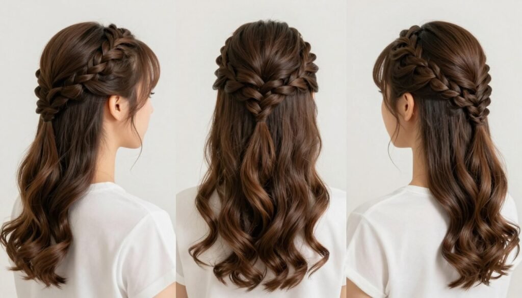 Three variations of half up half down braids styled for different occasions