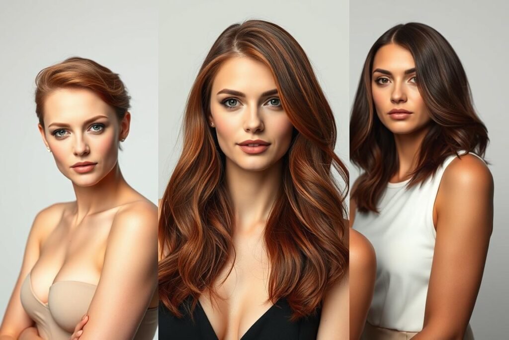 Three women with different skin tones all wearing dark cowboy copper hair showing its versatility Three women with different skin tones all wearing dark cowboy copper hair showing its versatility