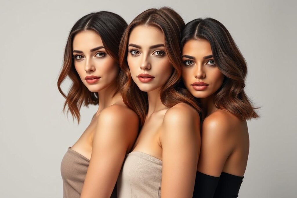 Three women with different skin tones all wearing flattering variations of dark copper brown hair Three women with different skin tones all wearing flattering variations of dark copper brown hair