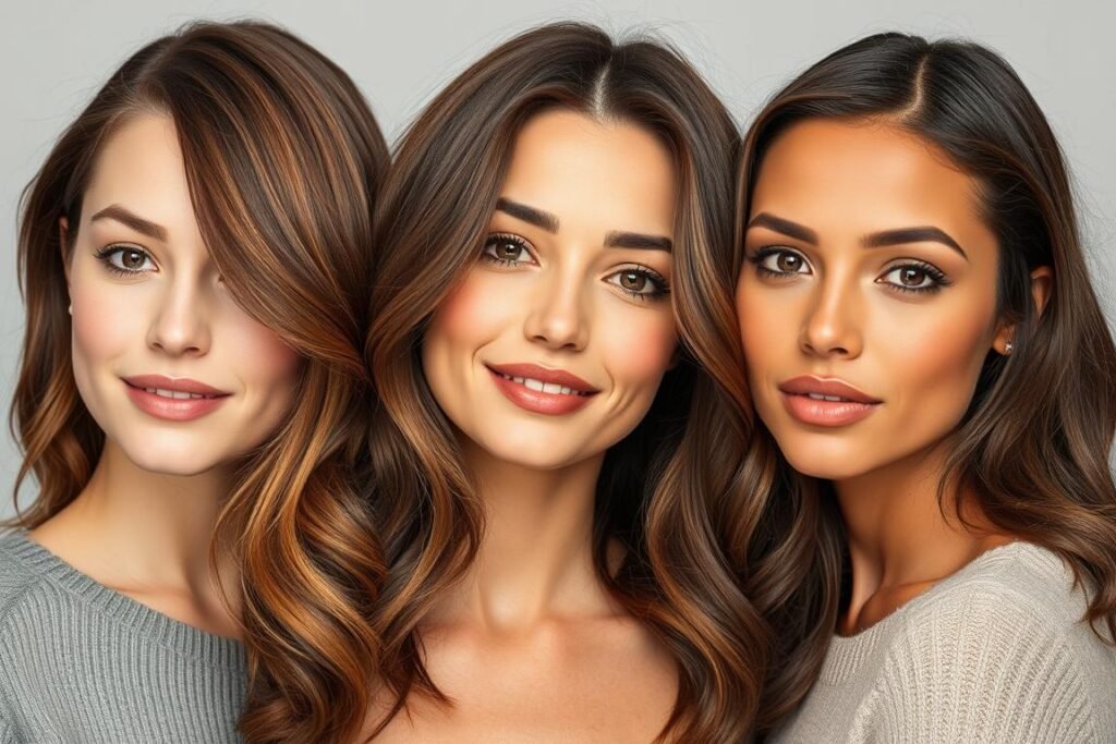 Three women with different skin tones all wearing variations of teddy bear brown hair color