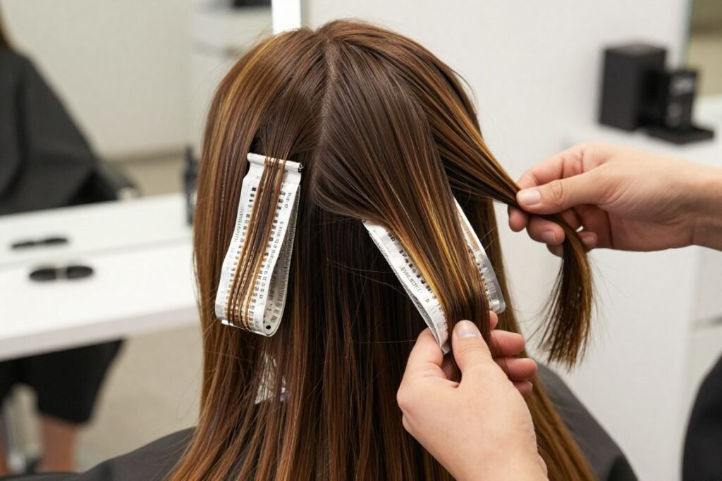Traditional foil highlights with caramel tones on brown hair Traditional foil highlights with caramel tones on brown hair