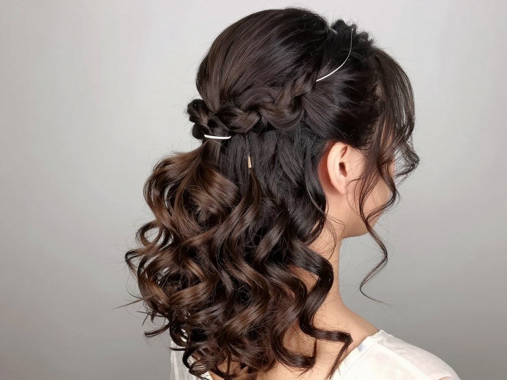 Twisted bubble half up half down prom hairstyle with ribbon accent