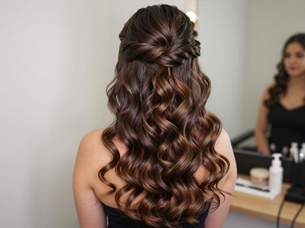 Twisted side sweep half up half down prom hairstyle with cascading curls