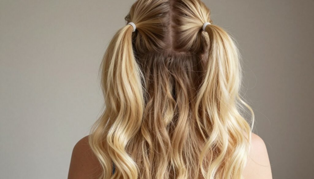Two ponytails half up half down hairstyle on a woman with long blonde hair