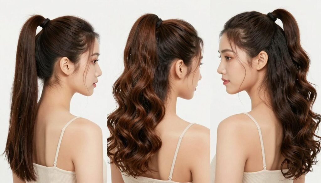 Two ponytails half up half down hairstyle on different hair types Two ponytails half up half down hairstyle on different hair types