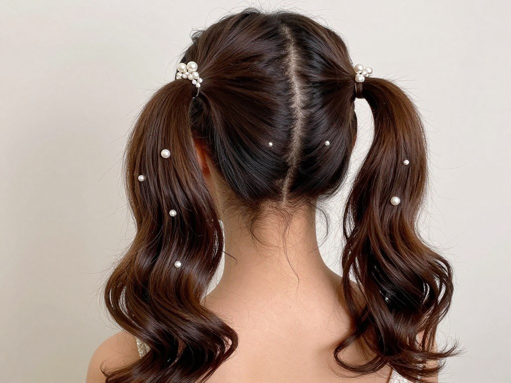 Two ponytails half up half down hairstyle with decorative accessories Two ponytails half up half down hairstyle with decorative accessories