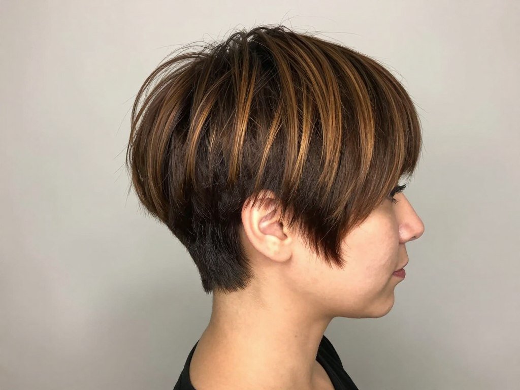 Undercut brown pixie with caramel highlights on top Undercut brown pixie with caramel highlights on top
