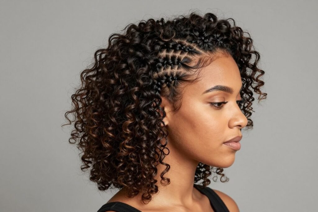 Variation of curly half up half down weave with braided crown section Variation of curly half up half down weave with braided crown section