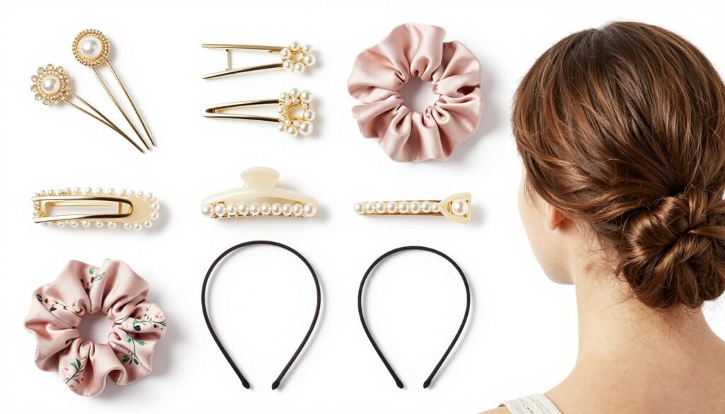 Various hair accessories arranged artistically including decorative pins, scrunchies, and headbands for styling half up half down buns Various hair accessories arranged artistically including decorative pins, scrunchies, and headbands for styling half up half down buns