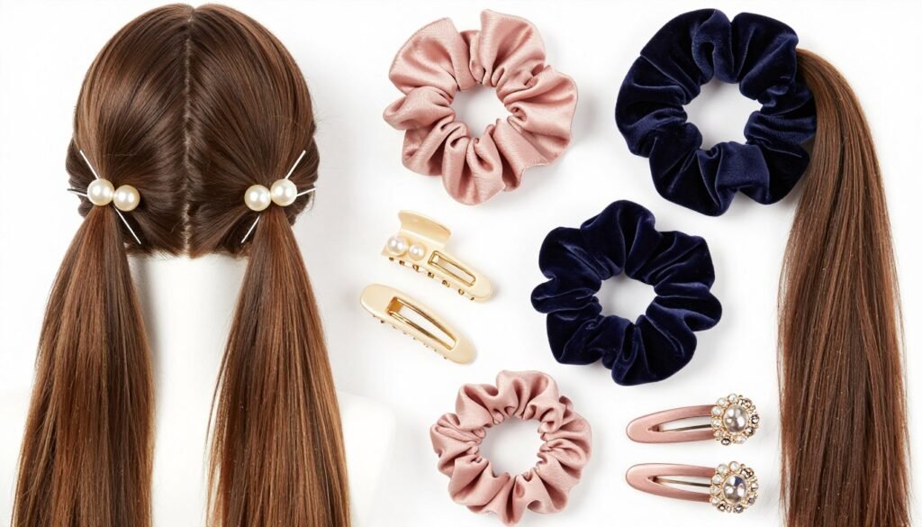 Various hair accessories for two ponytails half up half down hairstyle Various hair accessories for two ponytails half up half down hairstyle