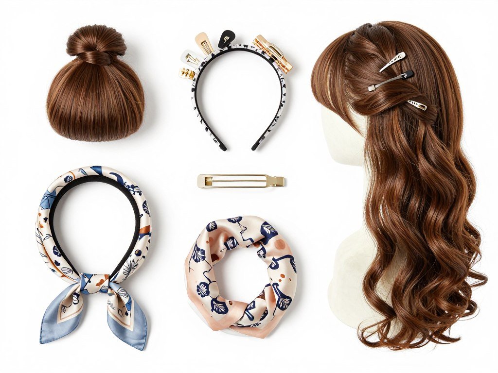 Various hair accessories that complement half up half down wig styles - clips, headbands, scarves