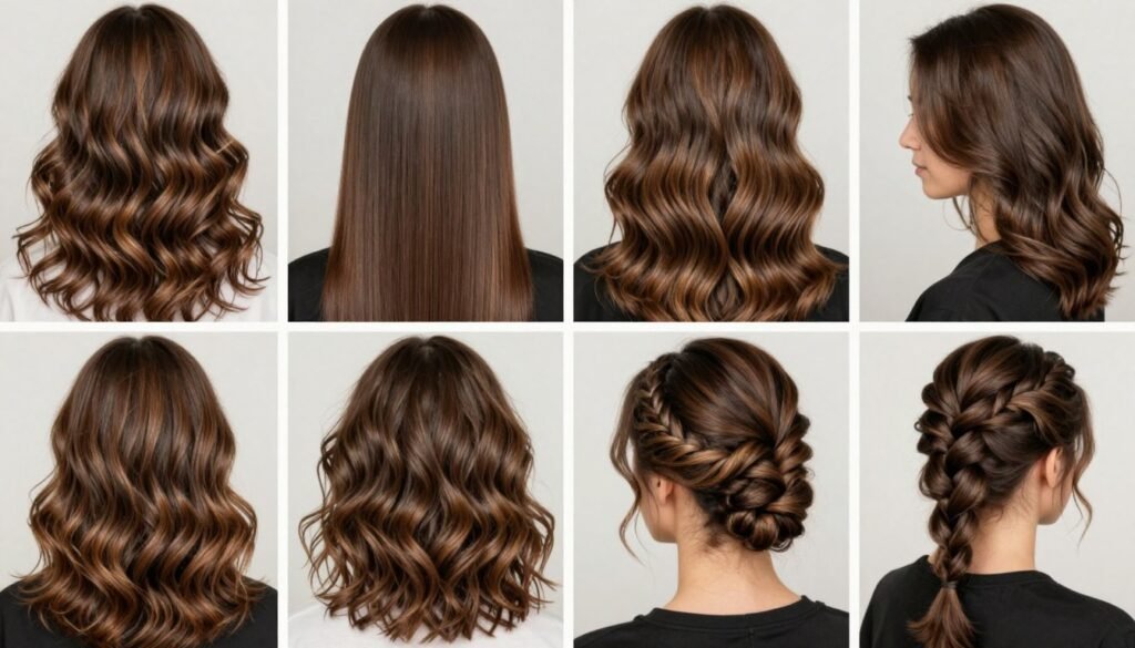 Various hairstyles that showcase caramel highlights on brown hair Various hairstyles that showcase caramel highlights on brown hair