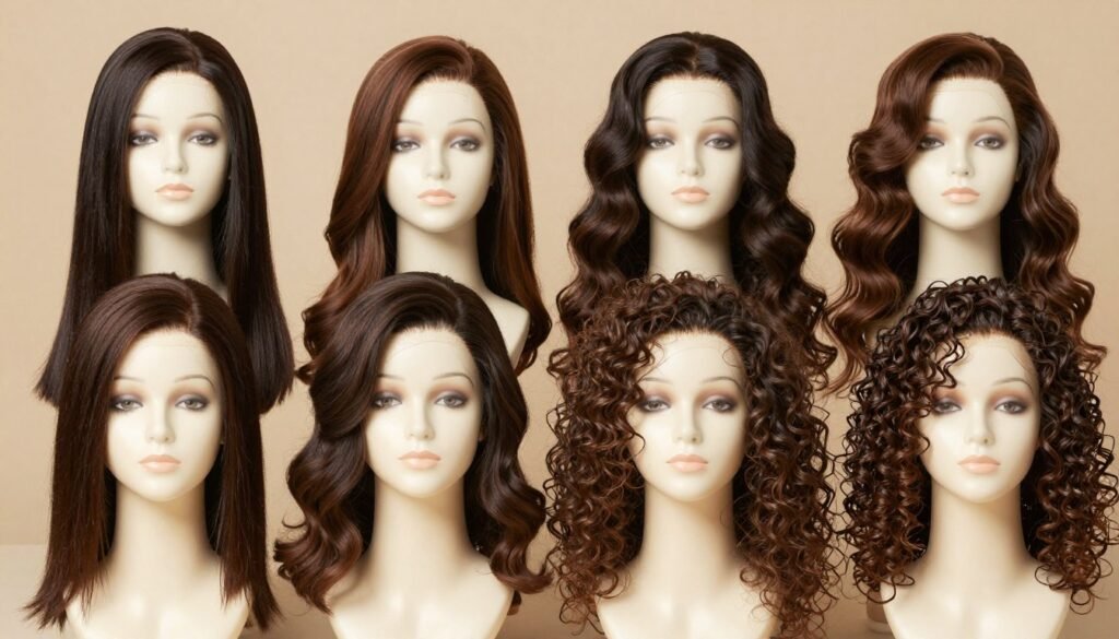 Various types of half up half down wigs displayed on mannequin heads showing different textures and styles