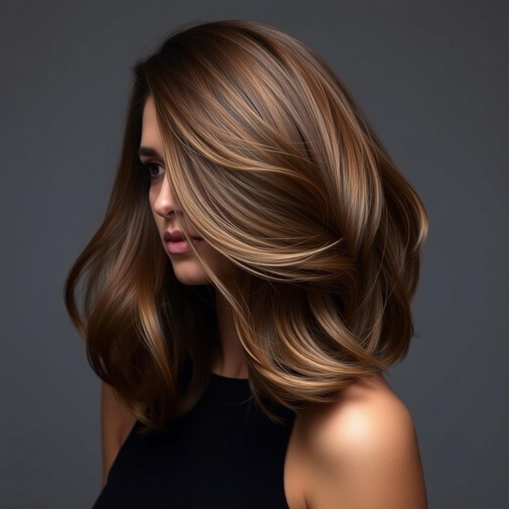Voluminous blowout with mushroom brown balayage