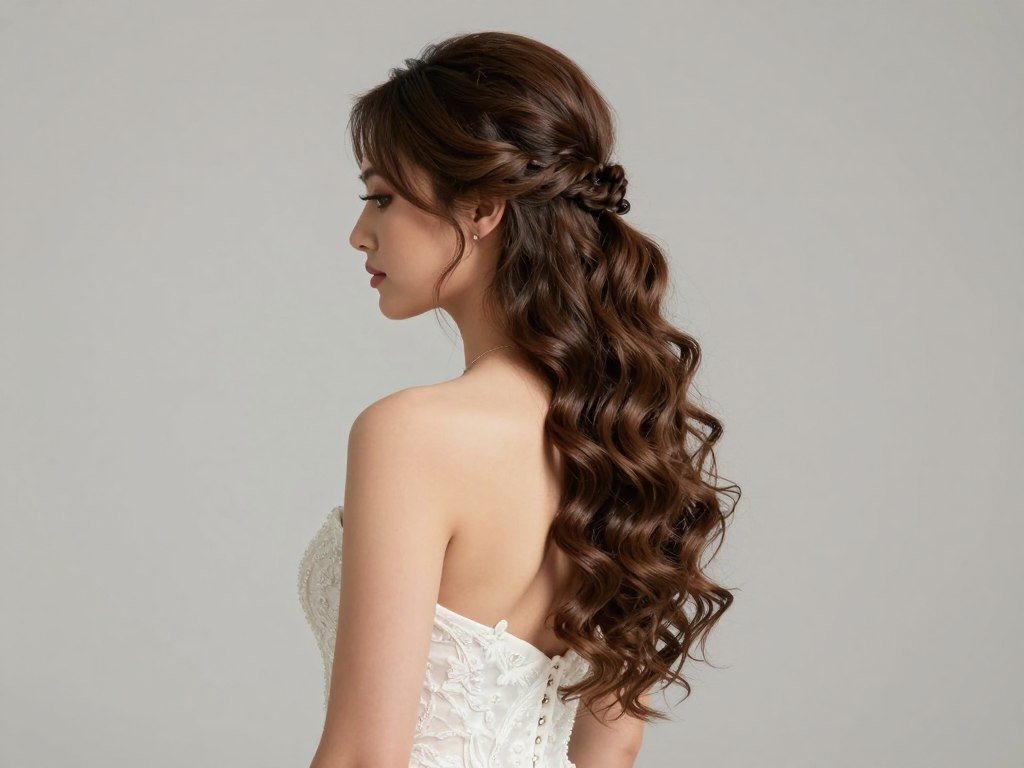 Voluminous curls in a half up half down wedding hairstyle