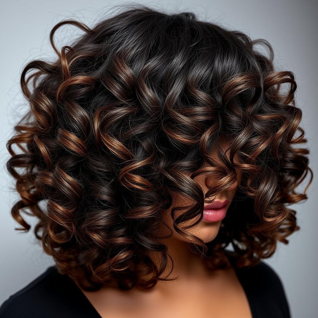 Voluminous curly lob with defined curls and shape Voluminous curly lob with defined curls and shape