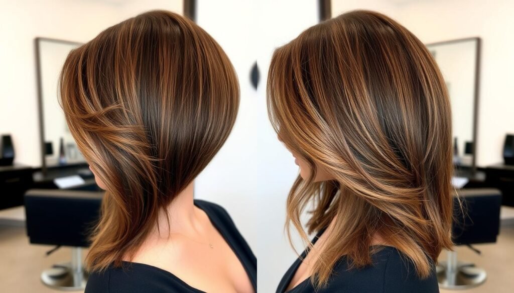 Voluminous medium length haircut with deep side part Voluminous medium length haircut with deep side part