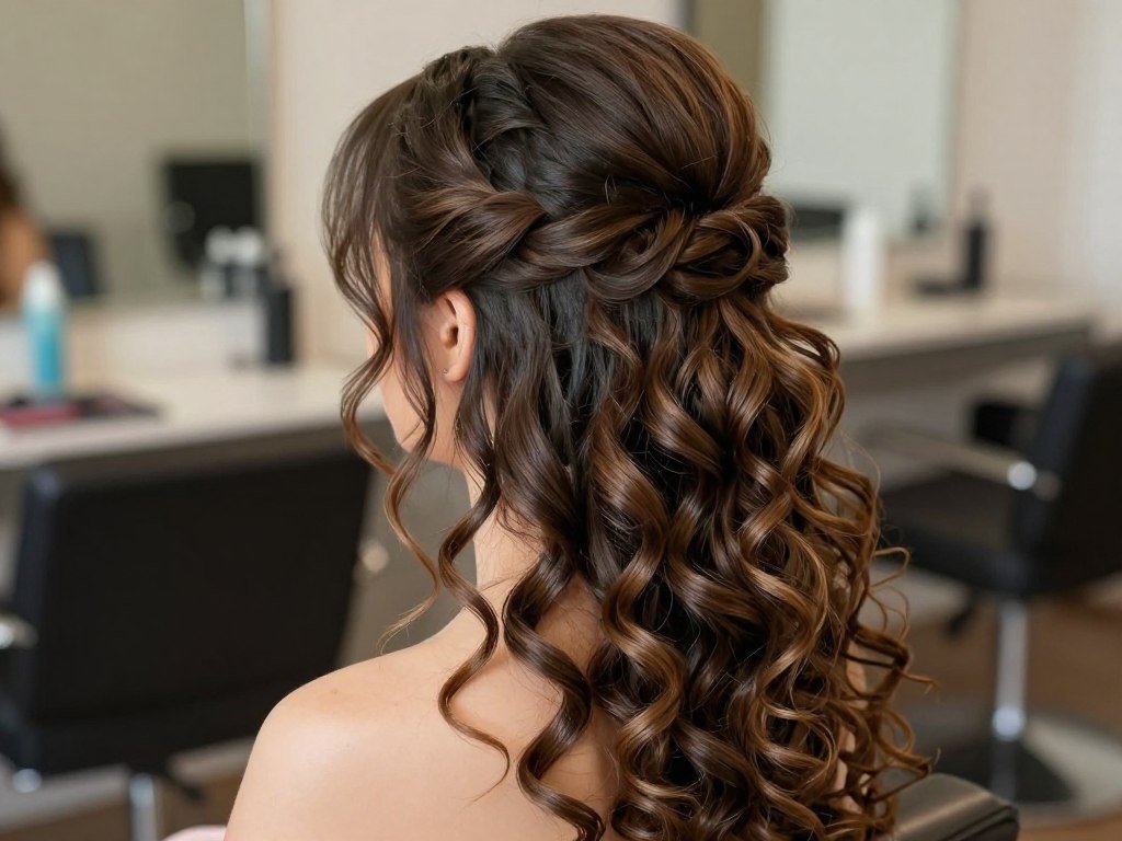 Voluminous top knot half up half down prom hairstyle with curly tendrils