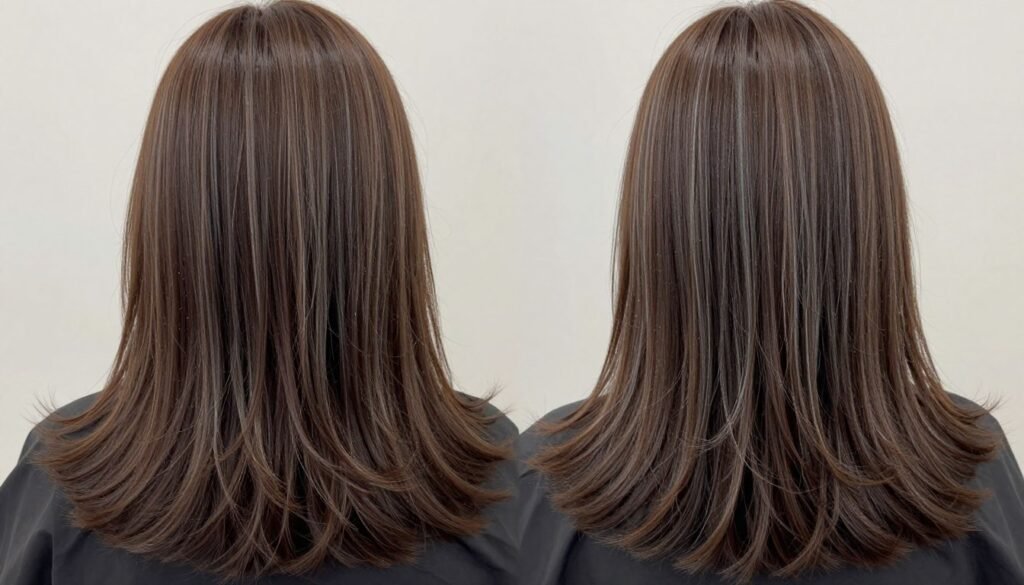 Warm chocolate brown hair with cooler ash brown highlights creating a modern contrast Warm chocolate brown hair with cooler ash brown highlights creating a modern contrast