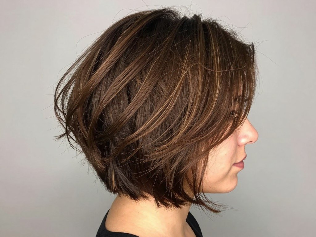 Wavy brown pixie with dimensional highlights Wavy brown pixie with dimensional highlights