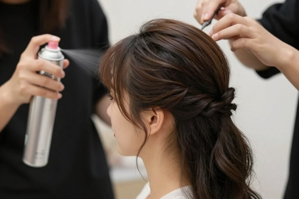 Wedding hairstylist applying finishing spray to bride's half up half down wedding hair