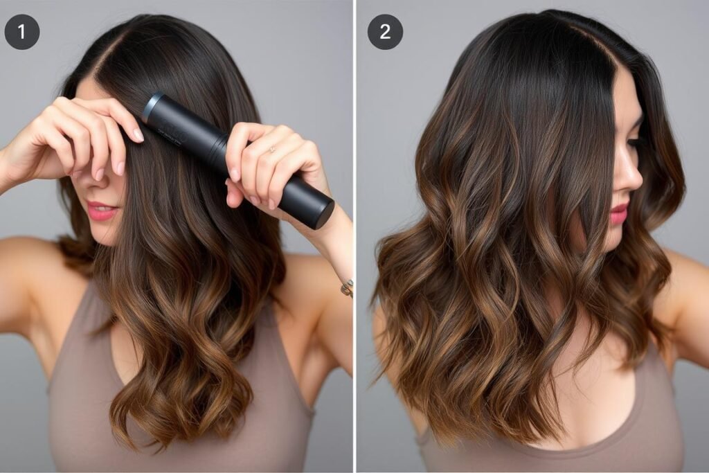 Woman adding texture to her medium-length hair with a curling iron