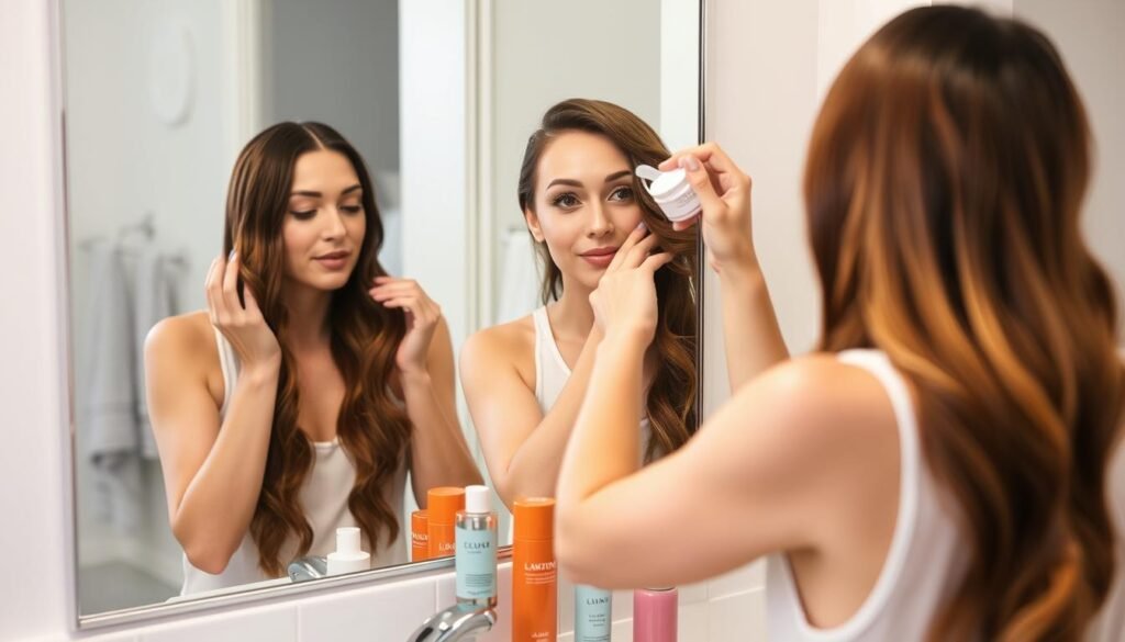 Woman applying at-home color refreshing treatment to maintain spring hair color