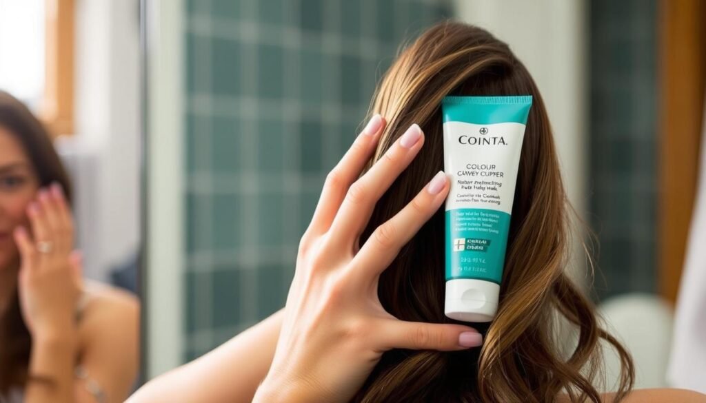 Woman applying color-protecting hair mask to maintain dark cowboy copper hair Woman applying color-protecting hair mask to maintain dark cowboy copper hair