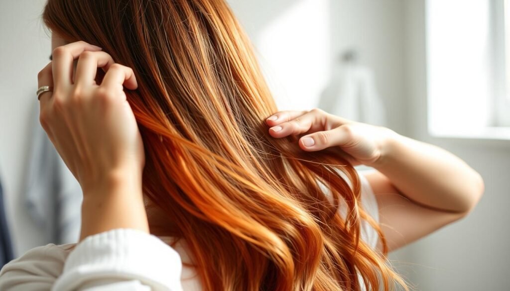 Woman applying color-safe hair mask to maintain red and blonde hair color