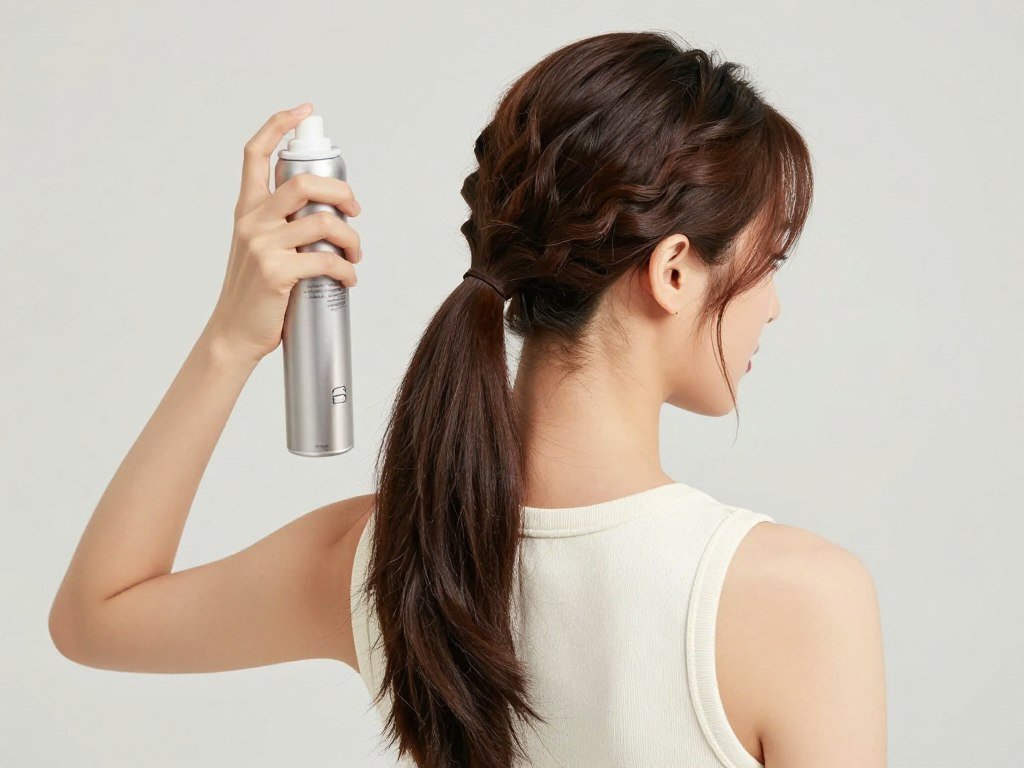 Woman applying hairspray to finished half up half down pigtails Woman applying hairspray to finished half up half down pigtails