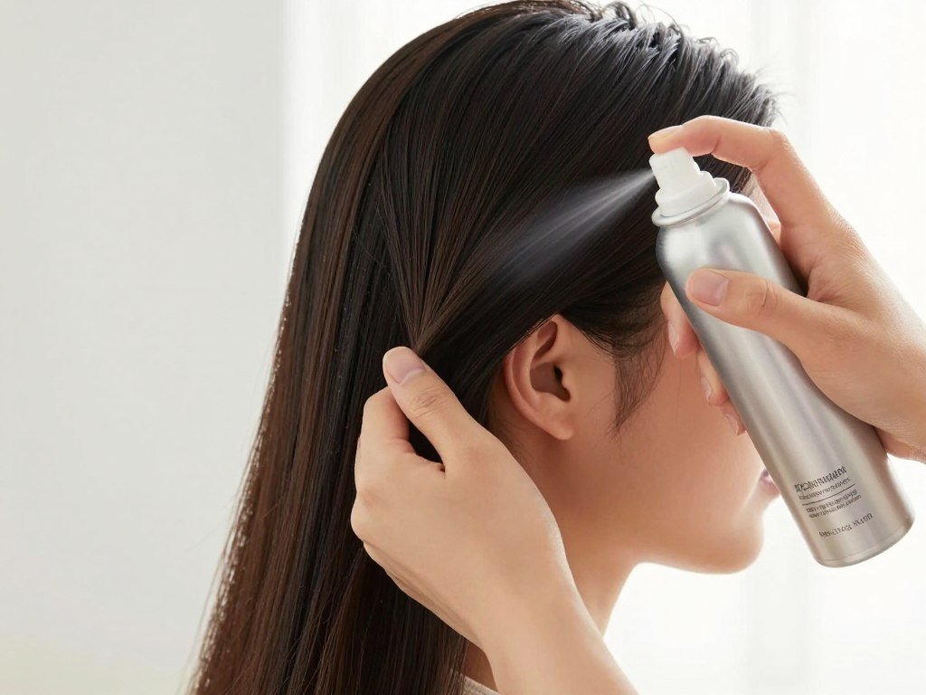 Woman applying heat protectant before styling half up half down slick back Woman applying heat protectant before styling half up half down slick back