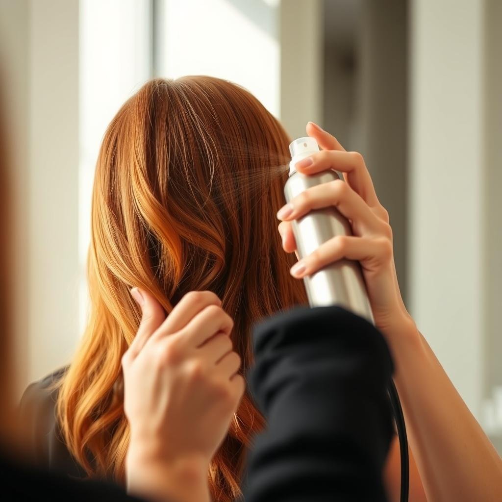 Woman applying heat protectant to her copper hair before styling